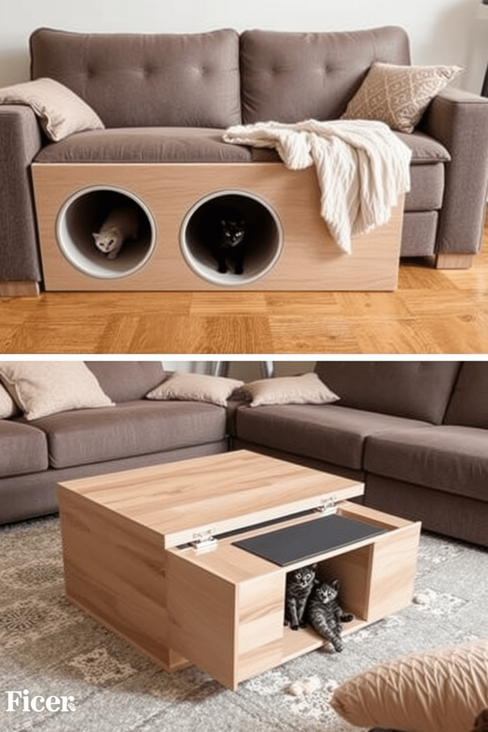 A cozy living room featuring built-in cat tunnels integrated into the furniture. The sofa has a tunnel running beneath it, allowing for playful exploration while maintaining a sleek design. The coffee table includes a hidden compartment that opens into a small cat cave. Soft cushions are placed around the room, creating a warm and inviting atmosphere for both cats and their owners.