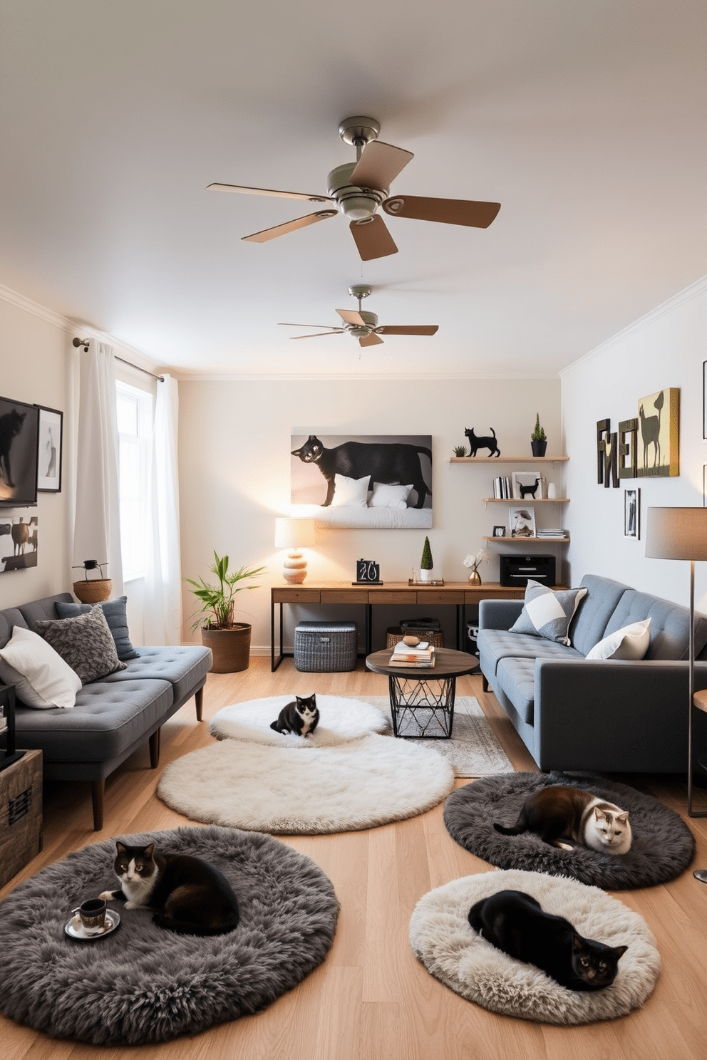 A cozy living space designed for cat lovers features soft, plush rugs scattered throughout the room to provide comfortable lounging spots for feline friends. The decor includes a mix of modern furniture and playful cat-themed accents, creating an inviting atmosphere that caters to both humans and their pets.