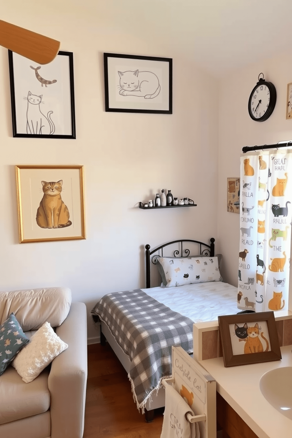 A cozy living room featuring cat-themed artwork on the walls. Each piece showcases different cat breeds in playful poses, adding a whimsical touch to the space. The bedroom is adorned with soft bedding and a cat-themed throw blanket. A framed illustration of a sleeping cat hangs above the bed, creating a serene atmosphere. The kitchen includes cat-inspired decor, such as a cat-shaped clock and colorful cat prints on the wall. A small shelf displays cat figurines, adding charm to the cooking area. The bathroom features cat-themed accessories, including a shower curtain with playful cat designs. A small cat print is framed and placed on the vanity for a fun accent.