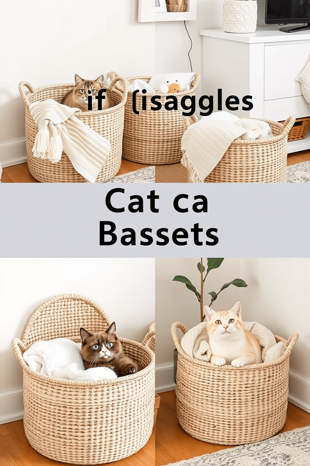 Stylish baskets for storing cat supplies. The baskets are made of natural woven materials, featuring a neutral color palette that complements the decor of the apartment. They are strategically placed in various corners of the living space, blending functionality with aesthetic appeal. Each basket is adorned with soft, cozy blankets and toys, creating a welcoming environment for both cats and their owners.