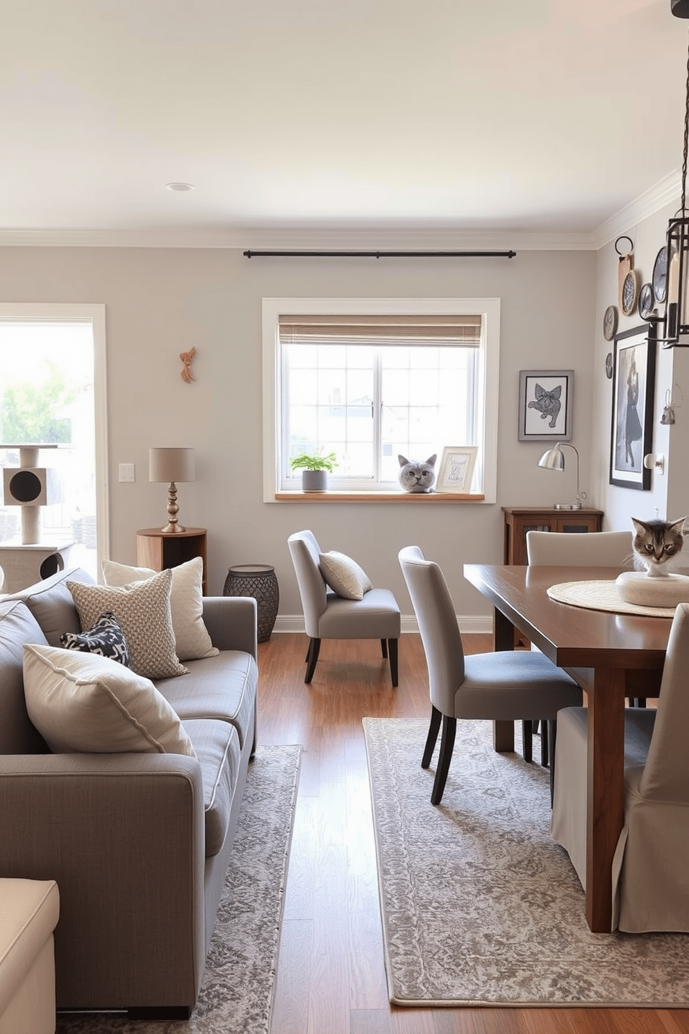 A stylish living room designed for cat lovers featuring a comfortable sofa upholstered in durable pet-friendly fabric. The room includes a cozy cat tree in the corner, and the color palette consists of soft grays and warm browns to create a welcoming atmosphere. A chic dining area with a sturdy wooden table surrounded by chairs covered in stain-resistant upholstery. The space is adorned with playful cat-themed decor and a sunny window nook where a cat bed is placed for relaxation.