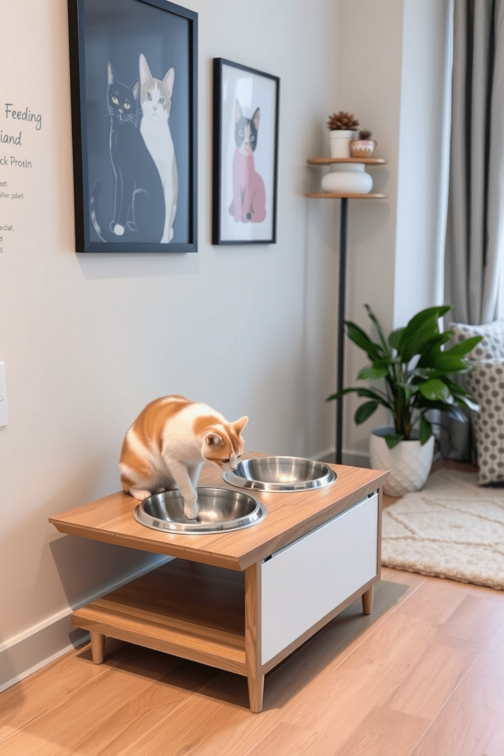 Elevated feeding station for cats. The station features a sleek wooden base with two stainless steel bowls set at an ergonomic height, allowing cats to eat comfortably. Surrounding the feeding area, there are playful cat-themed decorations, including framed artwork of cats and a cozy mat for the cats to lounge on. The color palette includes soft pastels to create a warm and inviting atmosphere in the apartment.