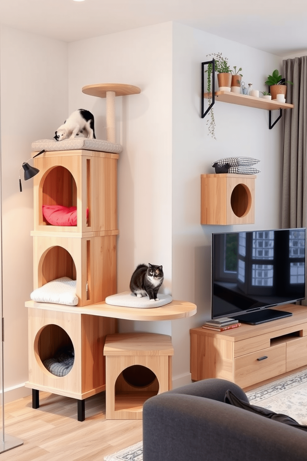 Modular cat furniture designed for small spaces featuring multi-level platforms and cozy hideaways. The furniture is made of natural wood with soft fabric cushions in various colors, seamlessly integrating into a stylish living area. Cat lover apartment design ideas that prioritize functionality and aesthetics. Incorporate playful elements like a cat tree that doubles as a decorative piece and wall-mounted shelves for climbing while maintaining an open and airy layout.