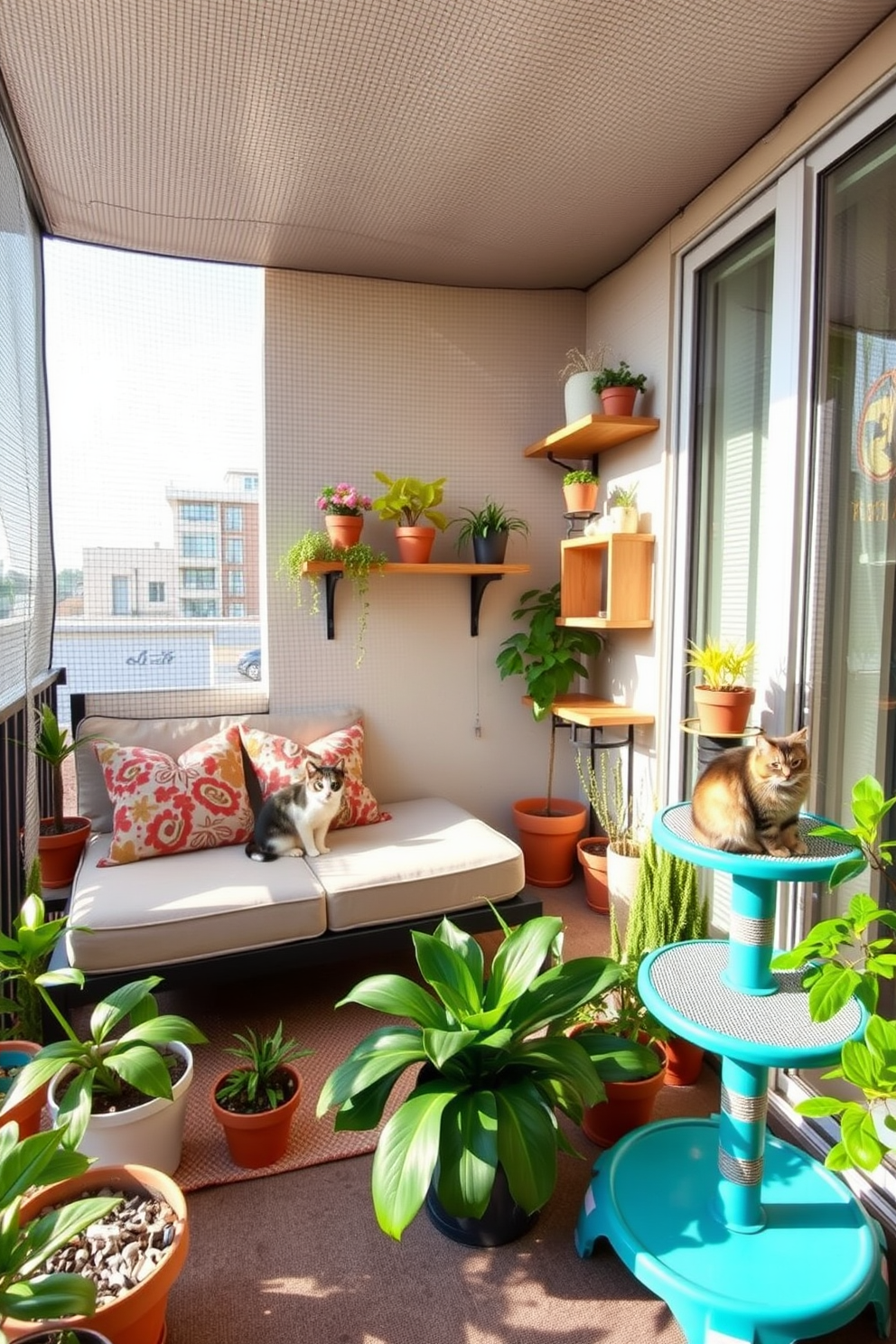 A cozy balcony designed for cat lovers features a safety netting enclosure to ensure the safety of playful felines. The space includes a comfortable seating area with weather-resistant cushions and a variety of climbing shelves for cats to explore. The balcony is adorned with potted plants that are non-toxic to cats, creating a vibrant and inviting atmosphere. A small cat tree sits in the corner, providing a perfect spot for sunbathing and watching the world go by.