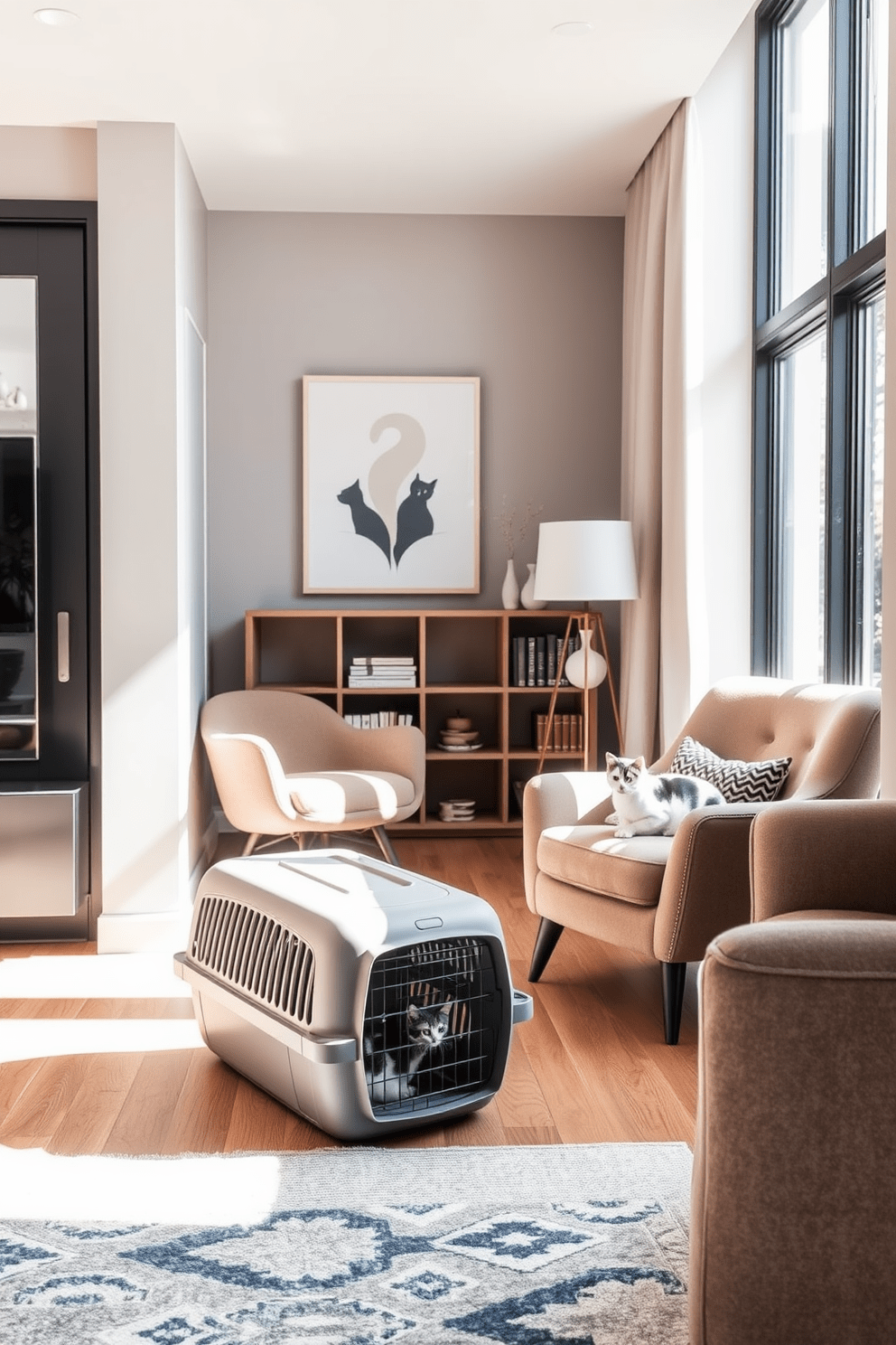 A sleek cat carrier is positioned in a stylish corner of the living room, seamlessly blending with the modern decor. The carrier features a minimalist design in a neutral color, adorned with subtle accents that enhance the overall aesthetic of the space. In the adjacent area, a cozy reading nook is created with a plush armchair and a small bookshelf, incorporating cat-themed decor elements. Natural light streams in through large windows, illuminating the space and inviting both cats and their owners to relax together.