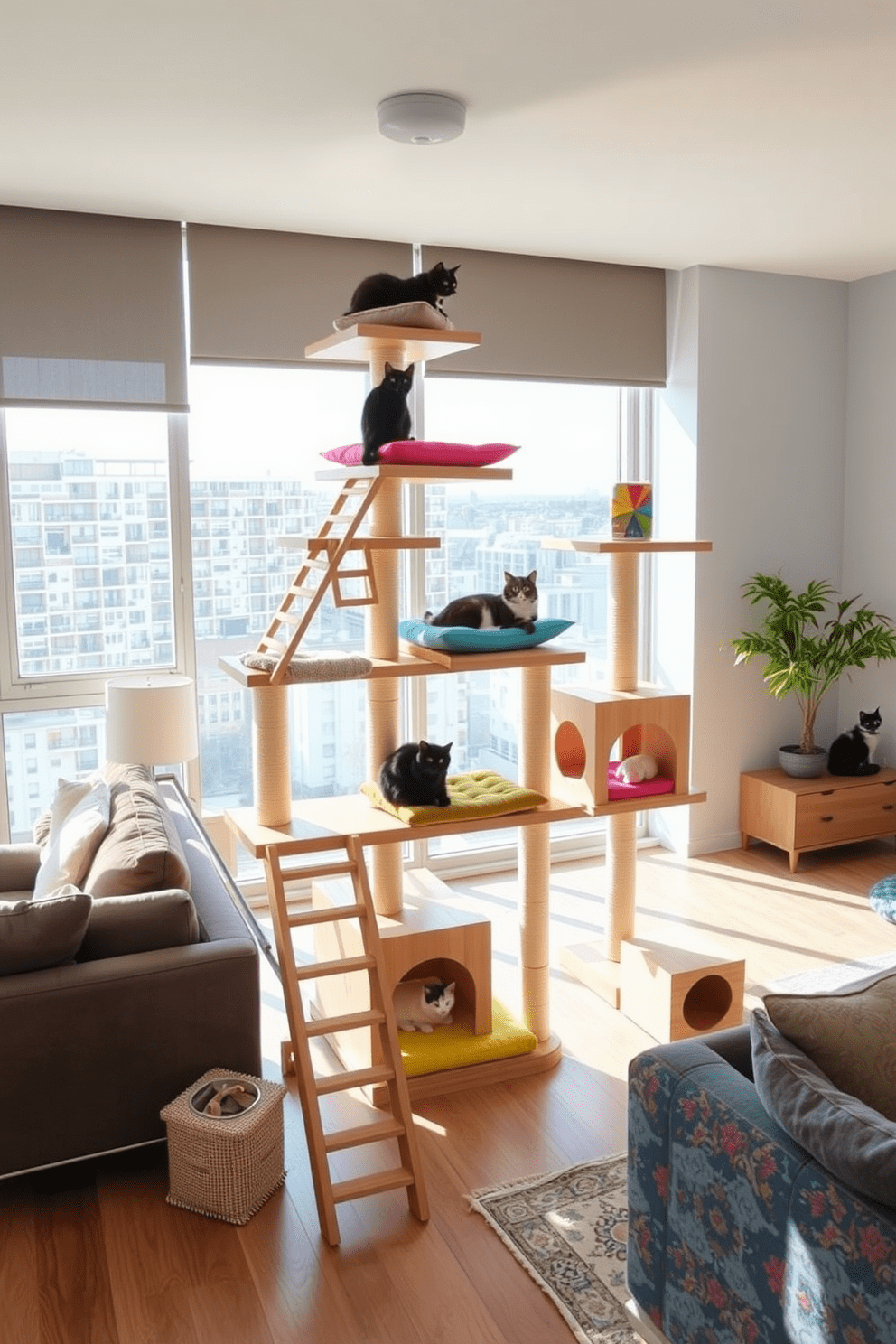 A multi-level cat condo designed for playtime features various platforms connected by ramps and cozy nooks for lounging. The structure is made of natural wood with soft fabric cushions in vibrant colors, creating an inviting space for feline fun. The cat condo is placed in a modern apartment with an open layout, surrounded by stylish furniture and playful decor. Large windows allow ample natural light to illuminate the space, making it a cheerful environment for both cats and their owners.