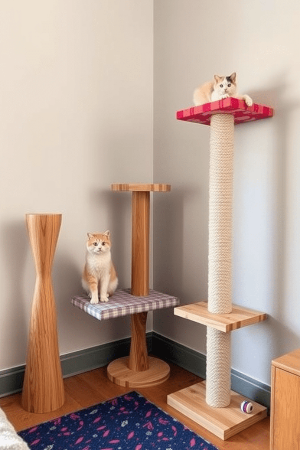 Creative cat scratching posts in corners. Each post is uniquely designed to blend with the apartment's decor, featuring natural wood finishes and vibrant fabric accents. Cat lover apartment design ideas emphasize functional yet stylish spaces. Incorporate cozy nooks with plush bedding and playful toys to keep your feline friends entertained.