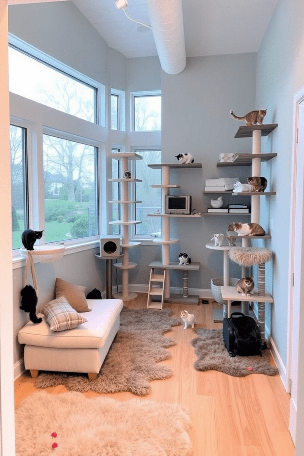 A designated play area filled with cat trees and climbing shelves creates a fun and interactive space for feline friends. The walls are painted in soft pastel colors, and plush rugs are scattered across the floor for comfort. Incorporate cozy nooks with cushions and toys to encourage play and relaxation. Large windows allow natural light to flood the room, enhancing the cheerful atmosphere while providing a view for the cats.