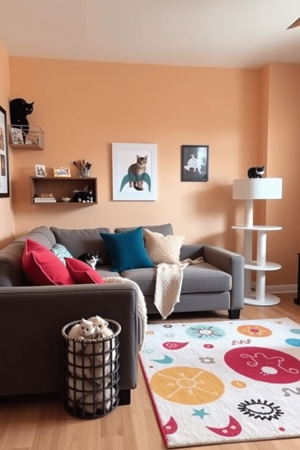 A cozy living room designed for a cat lover features a stylish sofa adorned with colorful throw pillows. Cat toys are creatively integrated into the decor, with a chic basket for toys placed next to a modern cat tree that complements the room's aesthetic. The walls are painted in a warm pastel shade, creating an inviting atmosphere. A playful area rug with whimsical patterns adds comfort and fun, while strategically placed shelves showcase both decorative items and cat-friendly climbing spaces.