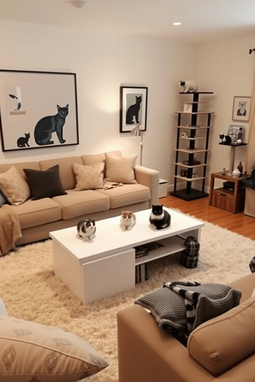 A cozy living room featuring multi-functional furniture designed for cat playtime. There is a stylish coffee table that doubles as a cat perch, surrounded by a comfortable sofa and a plush area rug. The walls are adorned with cat-themed artwork, and a tall cat tree stands in the corner, blending seamlessly with the decor. Soft cushions and blankets are scattered around for both cats and their owners to enjoy.