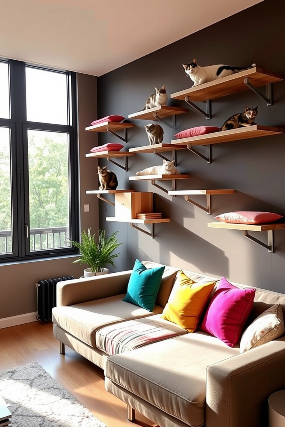 A cozy cat lover apartment featuring wall-mounted shelves designed for climbing cats. The shelves are arranged in a playful pattern along the walls, with soft cushions placed on each level for comfort. The living area includes a modern sectional sofa with vibrant throw pillows that complement the cat-friendly decor. A large window allows natural light to flood the space, highlighting the climbing shelves and creating an inviting atmosphere.