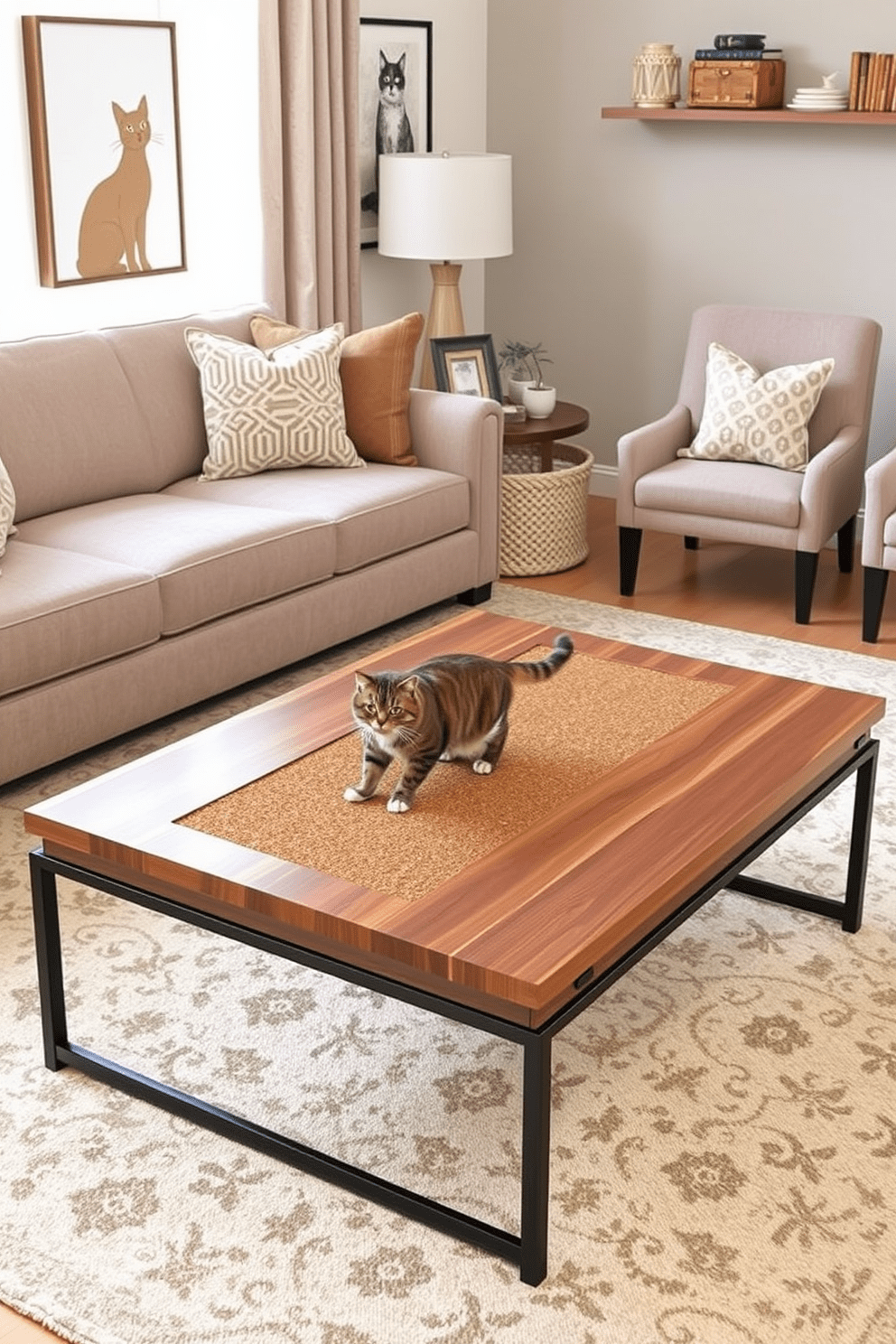 A stylish coffee table designed for cat lovers features a built-in scratching pad integrated into the tabletop. The table's surface is made of durable wood with a sleek finish, and it includes rounded edges for safety. Surrounding the coffee table, a cozy seating arrangement includes a plush sofa and accent chairs in soft fabrics. The decor incorporates cat-themed artwork and playful elements that reflect the personality of a cat-friendly home.