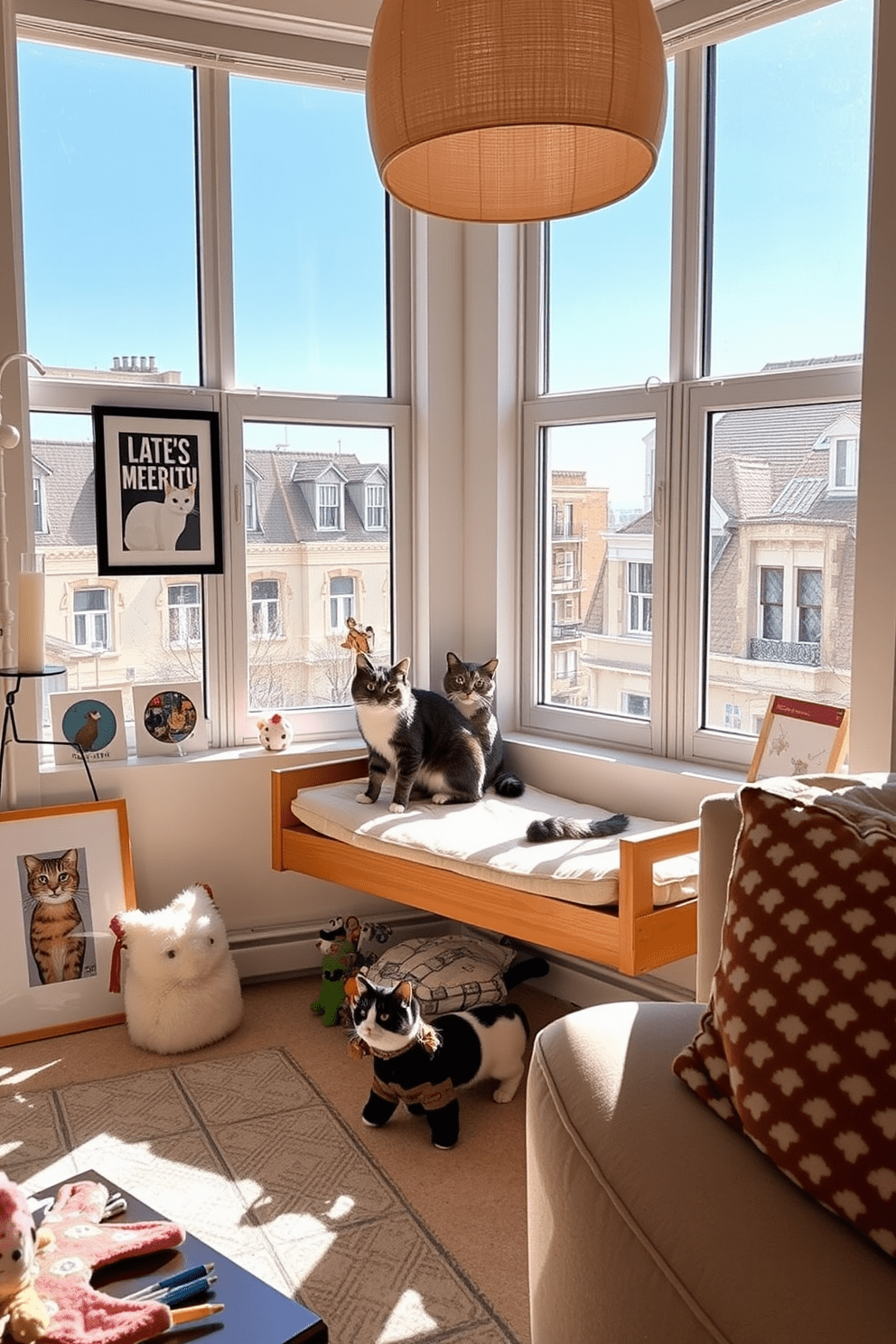 A cozy window perch designed for sunbathing cats is nestled in a bright and airy living room. The perch features soft cushions and a wooden frame, perfectly positioned to capture the sunlight streaming through large bay windows. Surrounding the perch, the apartment is adorned with playful cat-themed decor, including framed artwork and stylish cat toys. The color palette consists of warm neutrals and pops of vibrant colors, creating a welcoming atmosphere for both cats and their owners.