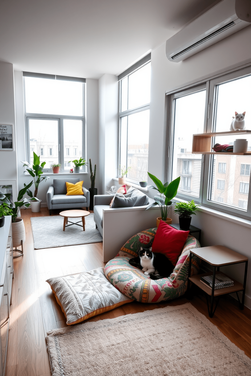 A cozy living room featuring a decorative cat bed nestled in a stylish corner. The cat bed is designed with plush fabrics and vibrant colors, complementing the modern decor of the apartment. Natural light streams in through large windows, illuminating a chic seating area with contemporary furniture. Potted plants and cat-friendly shelves add a playful touch, creating a welcoming space for both humans and their feline friends.