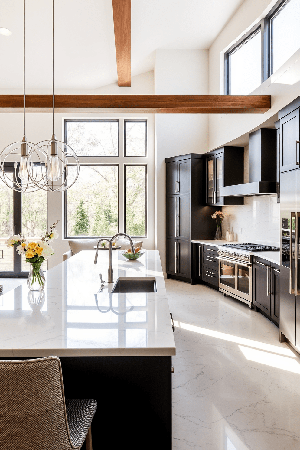 Open concept layout for a spacious cooking area. The kitchen features a large island with bar seating, surrounded by sleek cabinetry and high-end appliances. Natural light floods the space through oversized windows, highlighting the elegant marble backsplash and quartz countertops. A cozy dining nook is integrated into the design, creating a seamless flow between cooking and entertaining.