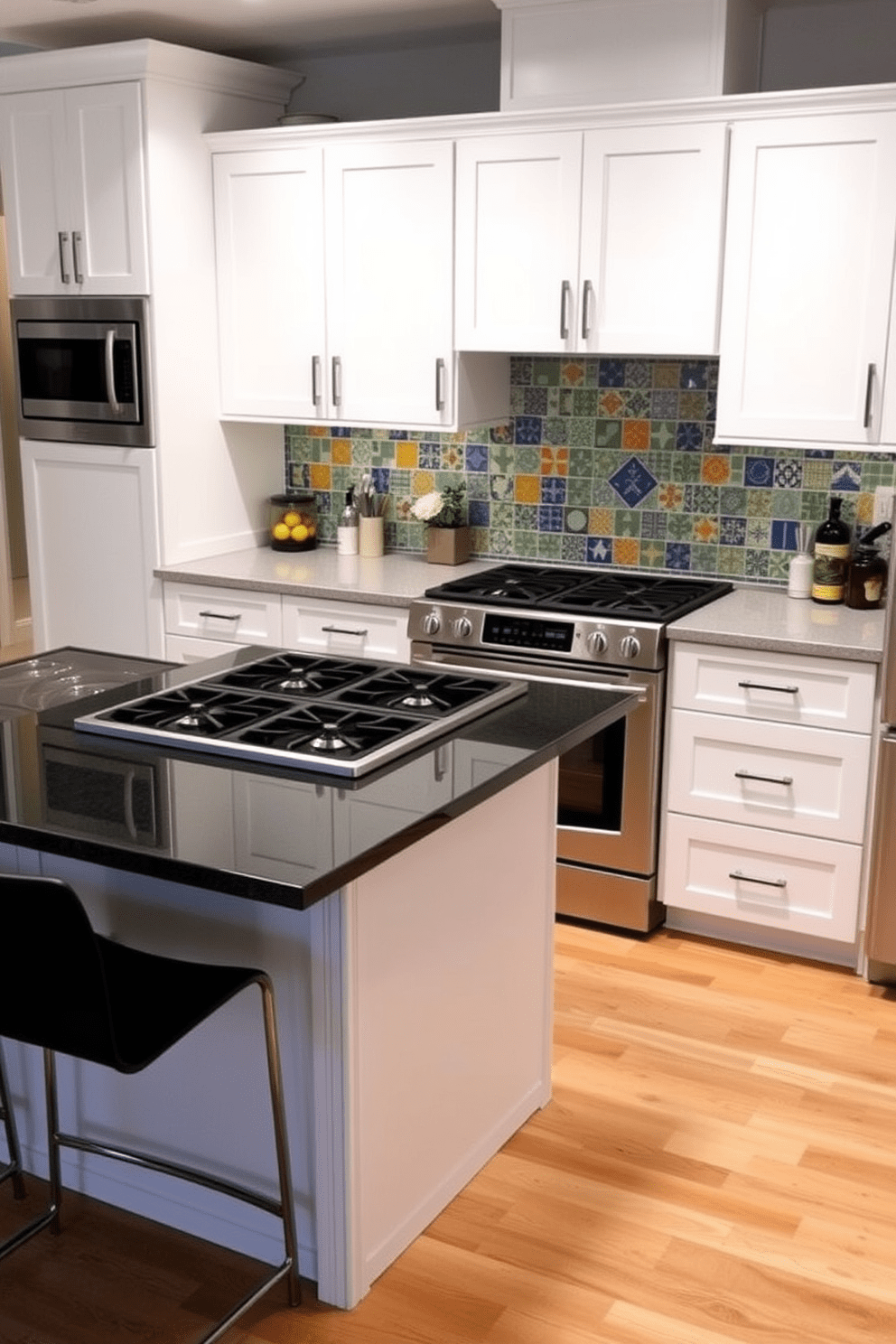 A vibrant and colorful backsplash made of hand-painted tiles adds a striking focal point to the kitchen. The backsplash features a mix of blues, yellows, and greens that complement the white cabinetry and stainless steel appliances. The kitchen layout is designed for efficiency, with a large central island that includes a built-in gas cooktop. Surrounding the island are sleek bar stools, creating an inviting space for casual dining and entertaining.