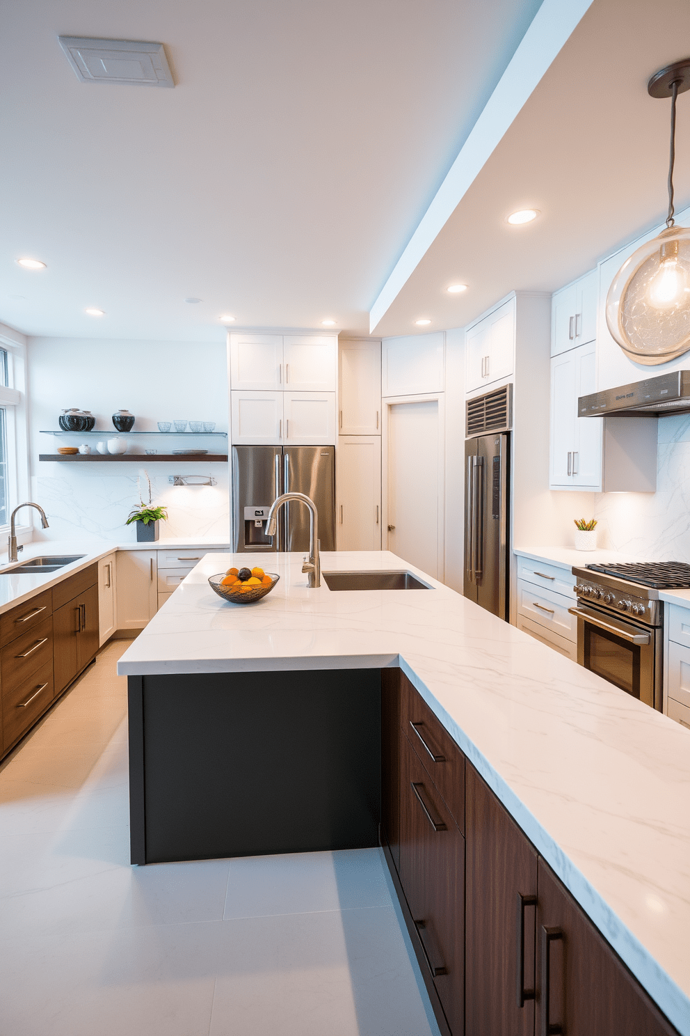 A modern chef's kitchen featuring expansive quartz countertops that blend durability with elegance. The kitchen includes a large central island with bar seating, stainless steel appliances, and custom cabinetry in a sleek finish.