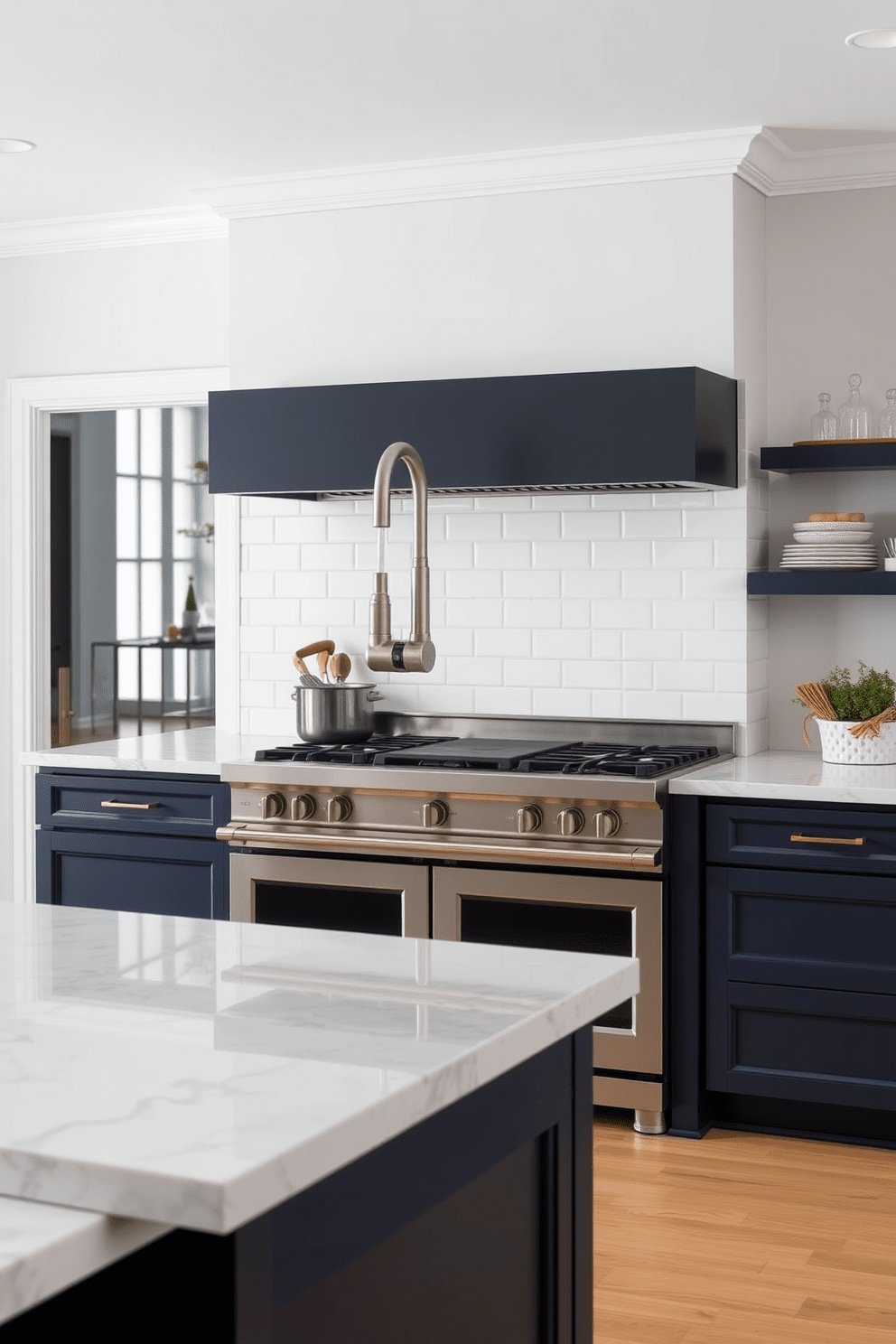 A modern chef's kitchen featuring a pot filler faucet installed above a large gas range for easy access. The kitchen boasts spacious marble countertops, sleek cabinetry in a rich navy blue, and a stylish backsplash with white subway tiles.