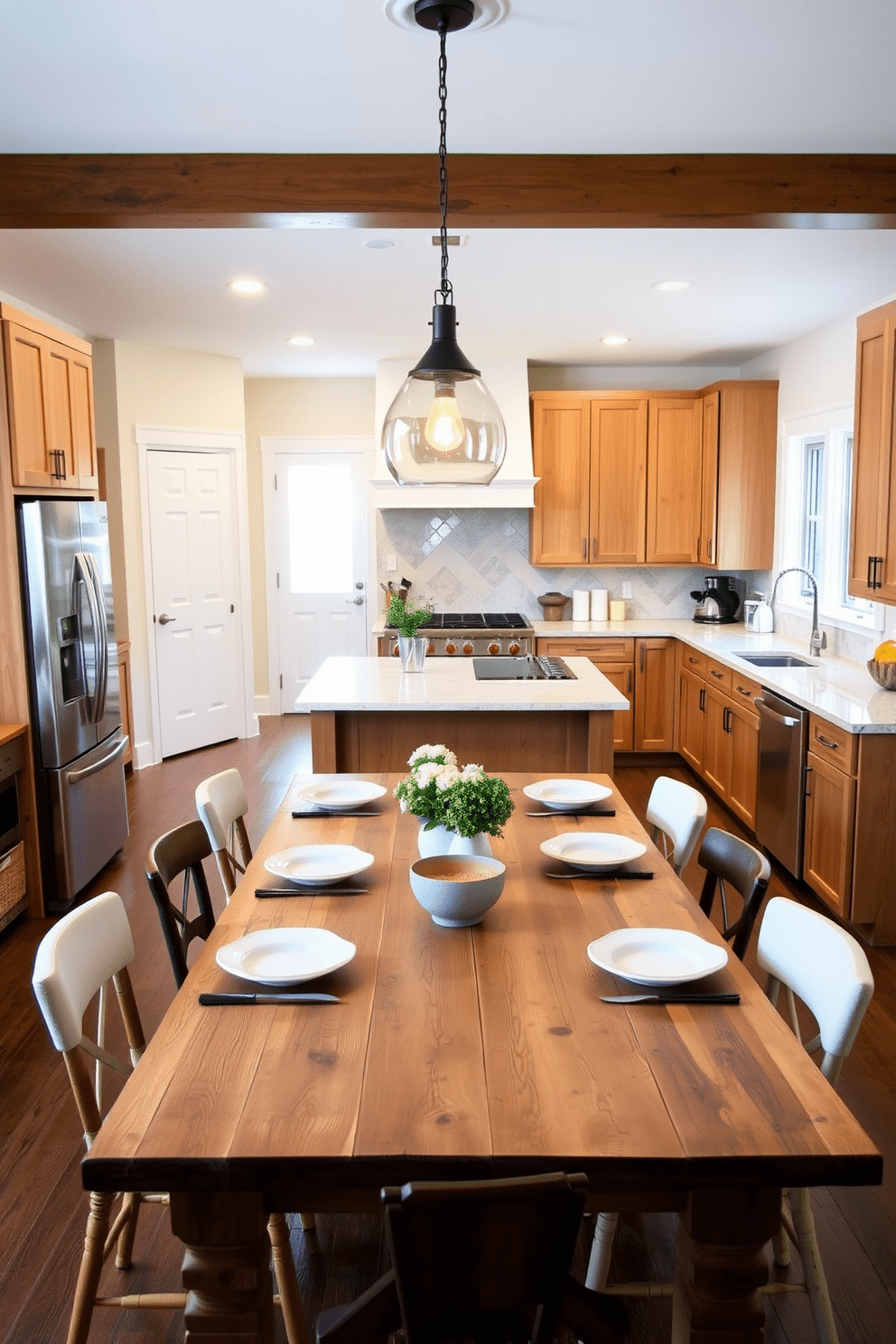 A cozy chef's table set for a casual dining experience. The table is made of reclaimed wood and surrounded by mismatched chairs, creating an inviting atmosphere. The kitchen features an open layout with a large island at the center. Sleek stainless steel appliances complement the warm wood cabinetry, while pendant lights hang above the island, adding a touch of elegance.