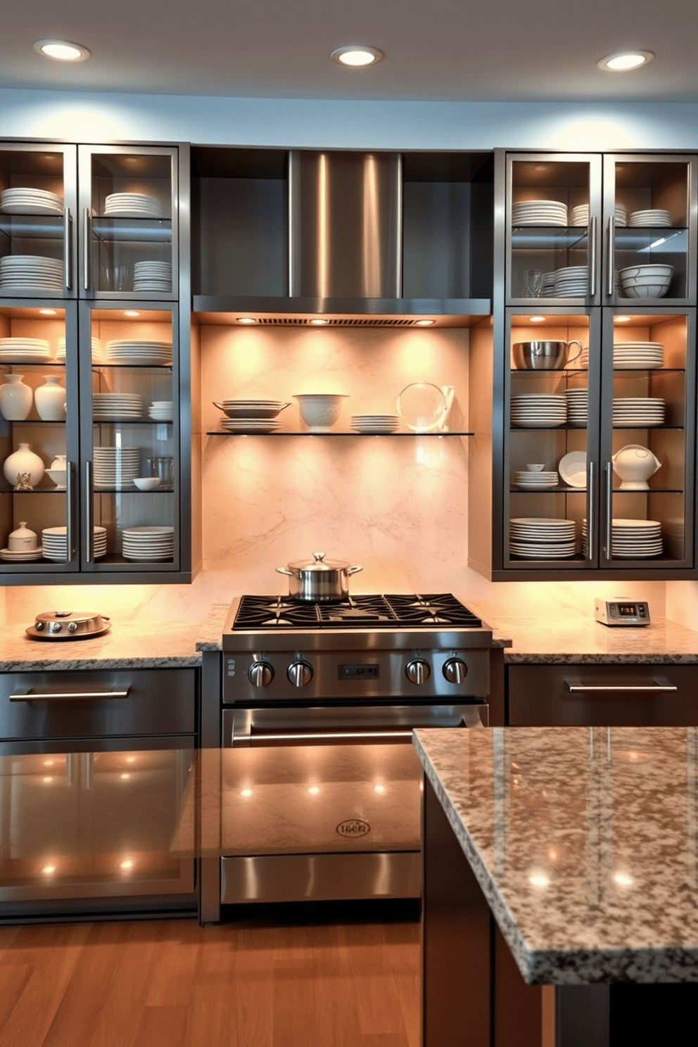 A modern chef's kitchen featuring glass-front cabinets that elegantly display an array of dishware. The cabinets are framed in sleek stainless steel, complementing the professional-grade appliances and a spacious island at the center. The countertops are made of polished granite, providing both durability and style for culinary creations. Warm ambient lighting highlights the dishware, creating an inviting atmosphere for both cooking and entertaining.