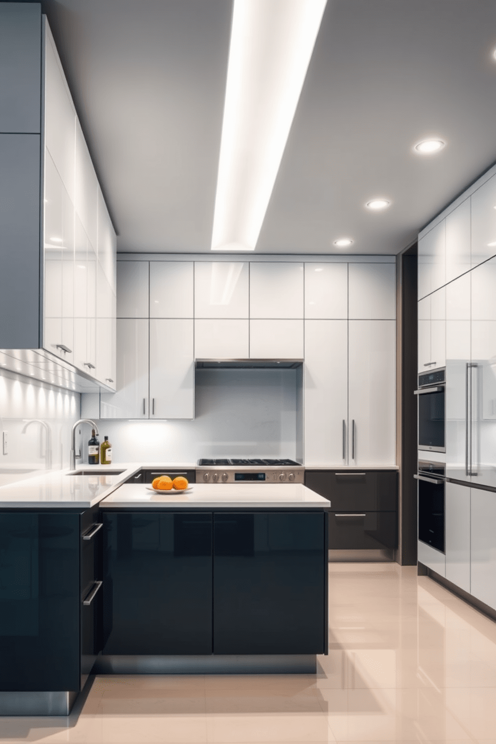 A modern chef's kitchen featuring sleek cabinetry with a glossy finish and a large central island. The space is illuminated by recessed lighting that enhances the clean lines and minimalist aesthetic of the design. The countertops are made of high-quality quartz, providing both durability and elegance. Stainless steel appliances are seamlessly integrated, creating a sophisticated and functional cooking environment.