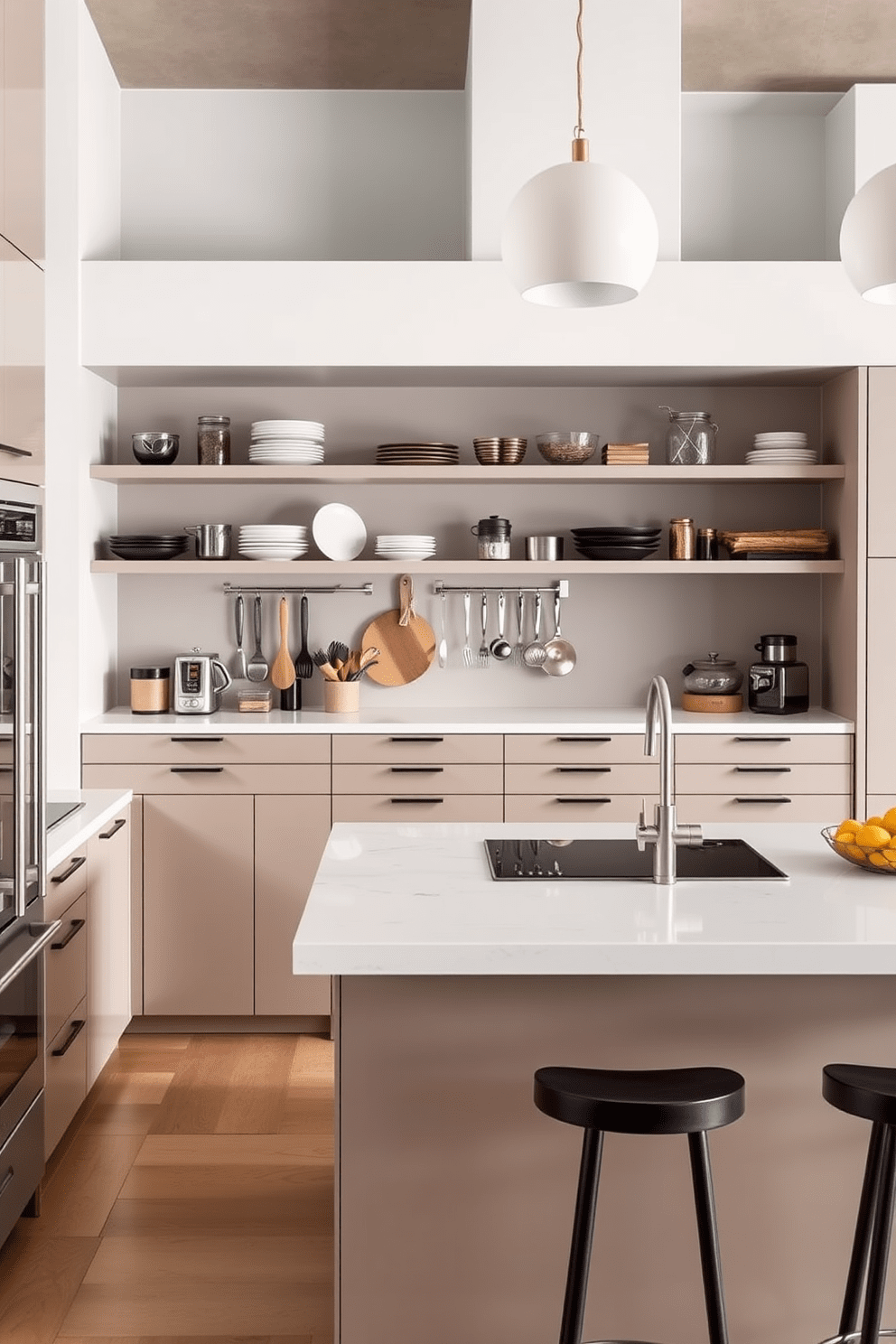 A modern chef's kitchen featuring open shelving for easy access to utensils and ingredients. The cabinetry is sleek and minimalistic, with a large central island that includes a built-in cooktop and bar seating.