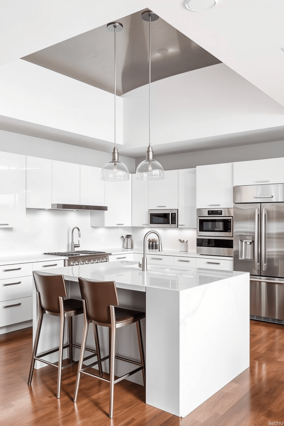 A modern chef kitchen featuring stainless steel appliances and fixtures for a sleek and polished appearance. The kitchen island is large and functional, topped with a durable quartz surface, complemented by high-backed stools for casual dining. The cabinetry is minimalist with clean lines, finished in a glossy white that contrasts beautifully with the stainless steel elements. Pendant lighting hangs above the island, providing both illumination and an aesthetic focal point.