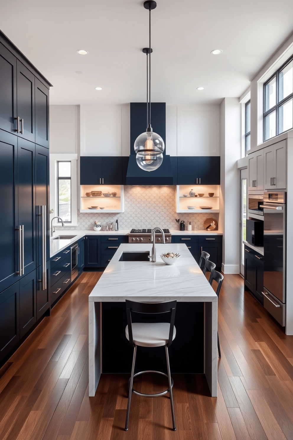 A spacious kitchen featuring a large central island with a sleek quartz countertop ideal for meal prep. Surrounding the island, there are high-backed stools in a modern design, with pendant lights hanging above to provide warm illumination. The cabinetry is a mix of deep navy blue and crisp white, creating a striking contrast that enhances the chef kitchen aesthetic. Stainless steel appliances are seamlessly integrated, and a large window allows natural light to flood the space, highlighting the open layout.