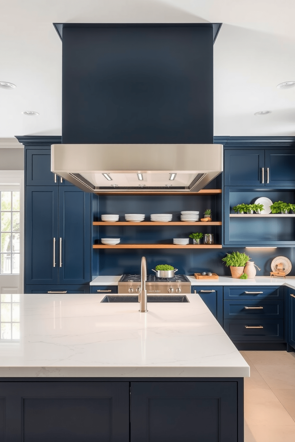 A stunning chef kitchen featuring a prominent vent hood as the centerpiece. The kitchen boasts sleek cabinetry in a rich navy blue, complemented by a large island with a white marble countertop. The vent hood is crafted from brushed stainless steel, adding a modern touch to the space. Surrounding the hood, open shelving displays elegant dishware and fresh herbs, enhancing both functionality and style.