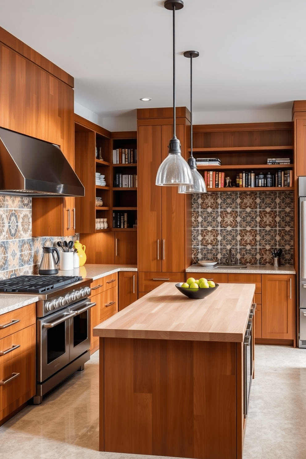 A modern chef kitchen featuring a combination of sleek stainless steel appliances and warm wooden cabinetry. The countertops are a mix of polished granite and butcher block, creating a dynamic texture contrast throughout the space. The backsplash showcases colorful ceramic tiles that add a vibrant touch, while open shelving displays an array of spices and cookbooks. Pendant lights with industrial design hang above a large kitchen island, providing both illumination and a focal point for the room.