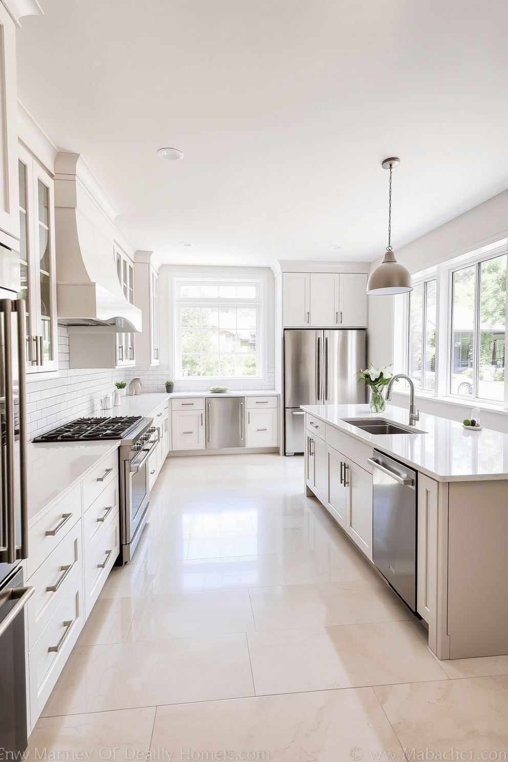 A spacious chef kitchen featuring easy-to-clean surfaces such as quartz countertops and stainless steel appliances. The layout includes a large central island with bar seating, surrounded by ample cabinetry for storage and organization. The backsplash is a glossy white subway tile that complements the sleek design. Natural light floods the space through large windows, enhancing the inviting atmosphere of this functional kitchen.