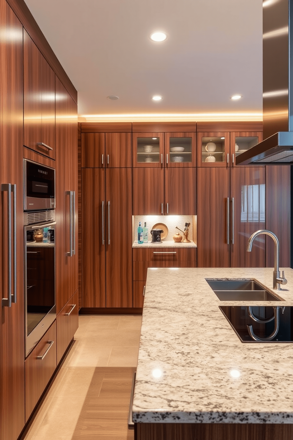 A spacious chef kitchen featuring floor-to-ceiling cabinetry that maximizes storage and enhances organization. The cabinetry is finished in a sleek, modern style with a rich wood tone and integrated lighting to highlight the space. The kitchen island is large and functional, topped with a polished granite surface that provides ample prep space. High-end appliances are seamlessly integrated into the cabinetry, ensuring both style and efficiency in cooking.