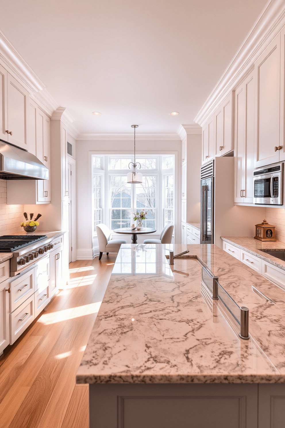 A spacious chef kitchen filled with natural light streaming through large windows. The kitchen features an expansive island with a polished granite countertop, complemented by high-end stainless steel appliances. Custom cabinetry lines the walls, painted in a soft white hue, with elegant brass hardware adding a touch of sophistication. A cozy breakfast nook with a round table and upholstered chairs sits near the windows, perfect for casual dining.