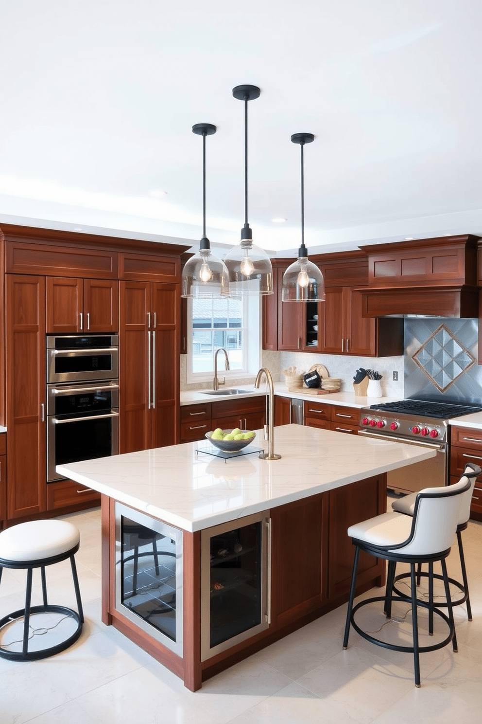 A multi-functional kitchen island with seating is the centerpiece of this chef-inspired kitchen. The island features a sleek quartz countertop with integrated storage and a built-in wine cooler, surrounded by stylish bar stools for casual dining. The kitchen is designed with high-end appliances, including a double oven and a six-burner gas range. Rich wooden cabinetry complements the island, while pendant lights hang above, creating a warm and inviting atmosphere.