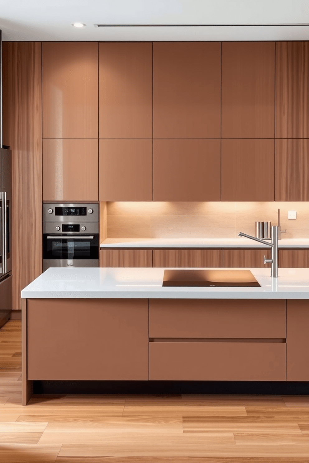 A modern chef's kitchen featuring hidden appliances for a streamlined appearance. The cabinetry is sleek and minimalist, blending seamlessly with the overall design to create an uncluttered look. The kitchen island serves as a central hub, equipped with a cooktop and bar seating. Warm wood tones contrast with the cool hues of the countertops, enhancing the inviting atmosphere.