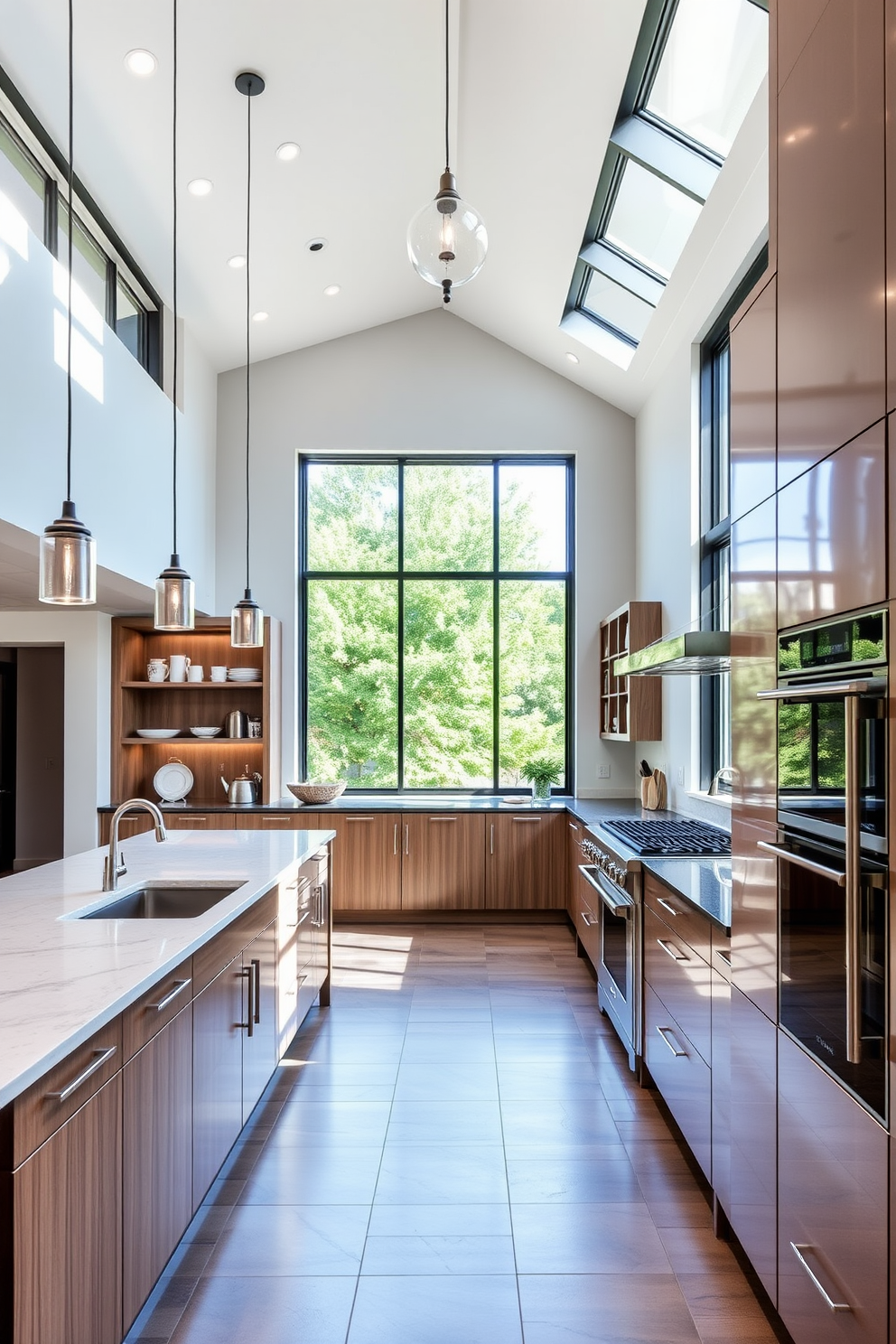 A spacious chef kitchen featuring tile flooring for easy maintenance. The kitchen includes a large island with bar seating and high-end appliances seamlessly integrated into custom cabinetry. Natural light floods the room through large windows, highlighting the sleek backsplash and elegant pendant lighting. A combination of open shelving and closed cabinets provides both functionality and style, creating an inviting atmosphere for cooking and entertaining.