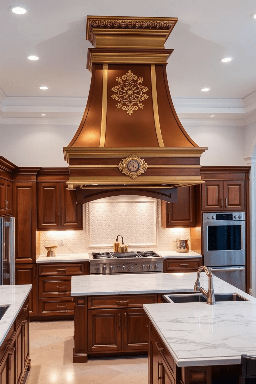 A stunning chef's kitchen featuring a decorative range hood that serves as a focal point. The hood is crafted from polished brass with intricate detailing, complementing the rich wood cabinetry and white marble countertops. The kitchen includes a large central island with bar seating, surrounded by high-end stainless steel appliances. Soft under-cabinet lighting highlights the beautiful tile backsplash, creating an inviting atmosphere for cooking and entertaining.