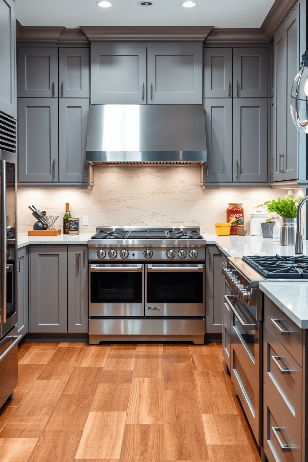 A modern chef's kitchen featuring professional-grade stainless steel appliances including a double oven and a six-burner gas range. The space is designed with a large central island topped with quartz, providing ample prep space and seating for casual dining. Custom cabinetry in a sleek matte finish surrounds the kitchen, with under-cabinet lighting highlighting the beautiful backsplash. The flooring is a durable hardwood, adding warmth to the contemporary design while maintaining functionality.