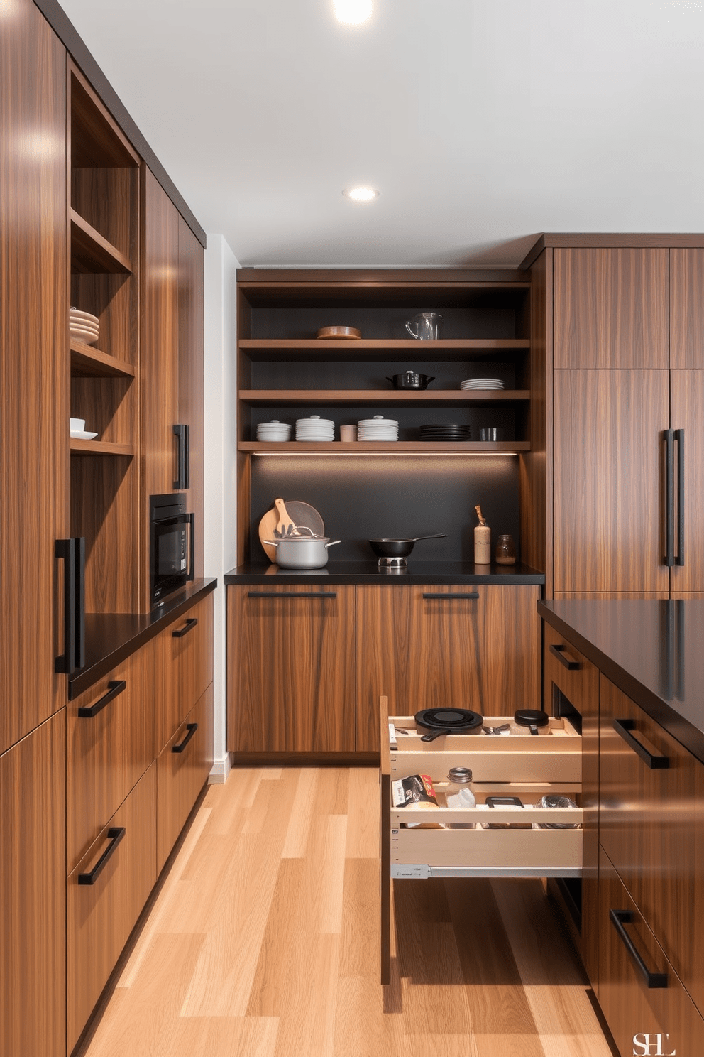 Custom cabinetry designed for personalized storage enhances both functionality and aesthetics in a chef's kitchen. The cabinetry features sleek lines and a mix of open shelving and closed storage, allowing for easy access to cooking essentials while maintaining a clean look. Incorporating high-end finishes such as matte black hardware and a rich wood grain creates a warm and inviting atmosphere. Thoughtful organization solutions, like pull-out spice racks and deep drawers for pots and pans, ensure that the kitchen is both stylish and efficient.