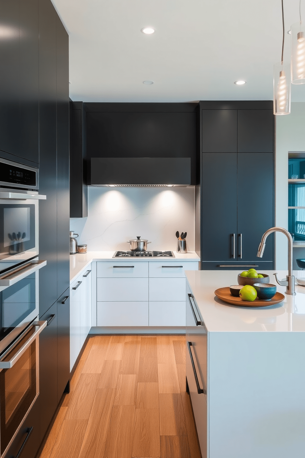 A modern chef's kitchen featuring dual ovens strategically placed for multitasking cooking. The kitchen boasts a spacious island with bar seating, complemented by sleek cabinetry and high-end appliances.