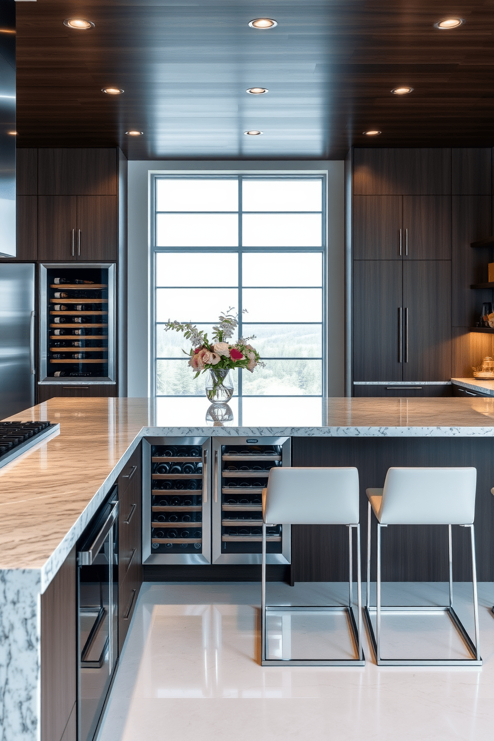 A spacious chef's kitchen designed for entertaining features an integrated wine fridge seamlessly built into the cabinetry. The kitchen boasts a large island with a polished granite countertop, surrounded by sleek bar stools for casual dining.