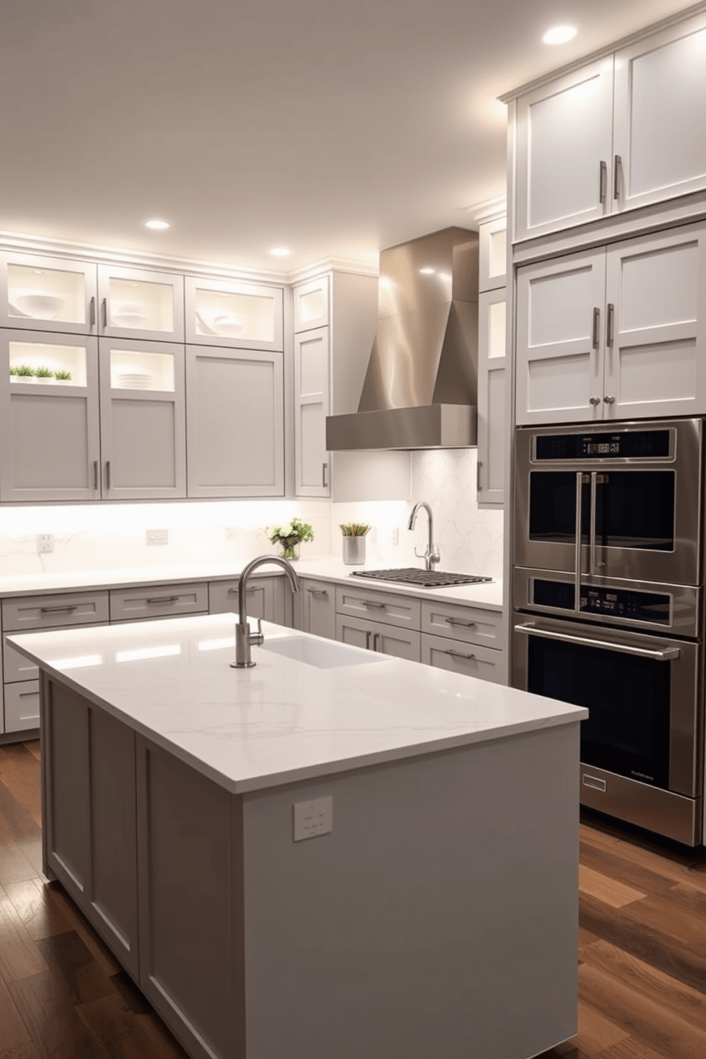 A modern chef's kitchen featuring under cabinet lighting that creates a warm and inviting ambiance. The kitchen includes a large island with a sleek quartz countertop, surrounded by high-end stainless steel appliances and custom cabinetry.