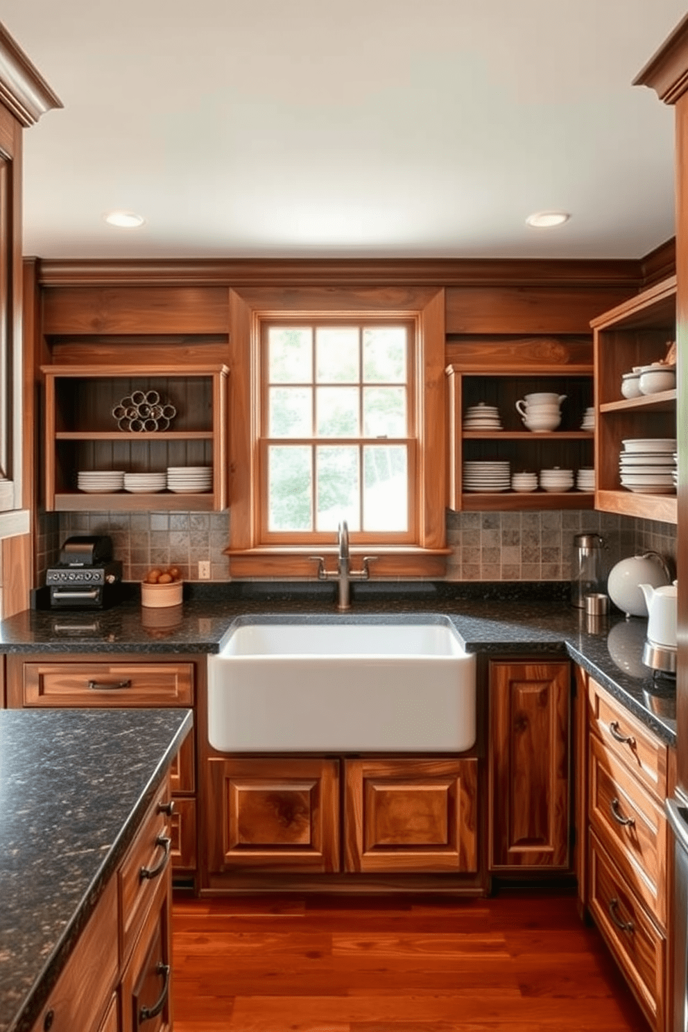 A spacious chef's kitchen featuring a large farmhouse sink made of white porcelain, surrounded by rustic wooden cabinetry. The countertops are a rich, dark granite, complementing the warm tones of the wood and adding an inviting atmosphere to the space. Above the sink, a vintage-inspired window allows natural light to flood the room, enhancing the cozy feel. Open shelving on either side of the sink displays neatly arranged dishes and rustic decor, creating a perfect blend of functionality and style.