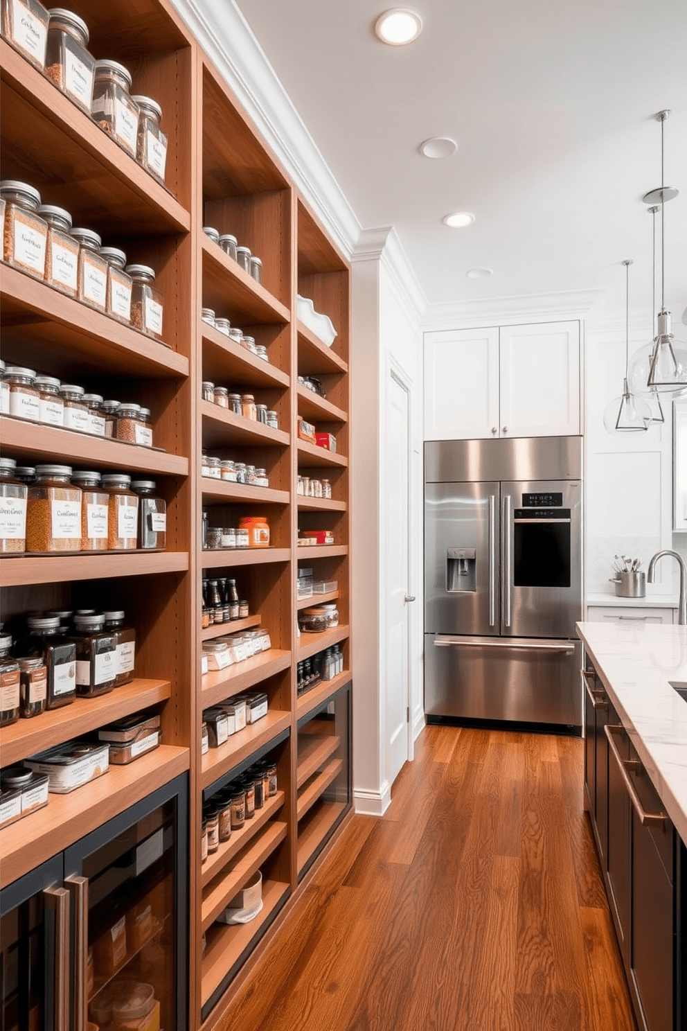 A spacious walk-in pantry with custom shelving for organized storage. The shelves are filled with labeled glass jars and neatly arranged spices, creating an efficient and visually appealing space. A modern chef kitchen featuring a large island with a marble countertop. Stainless steel appliances are seamlessly integrated, and pendant lights hang above the island, providing both style and functionality.