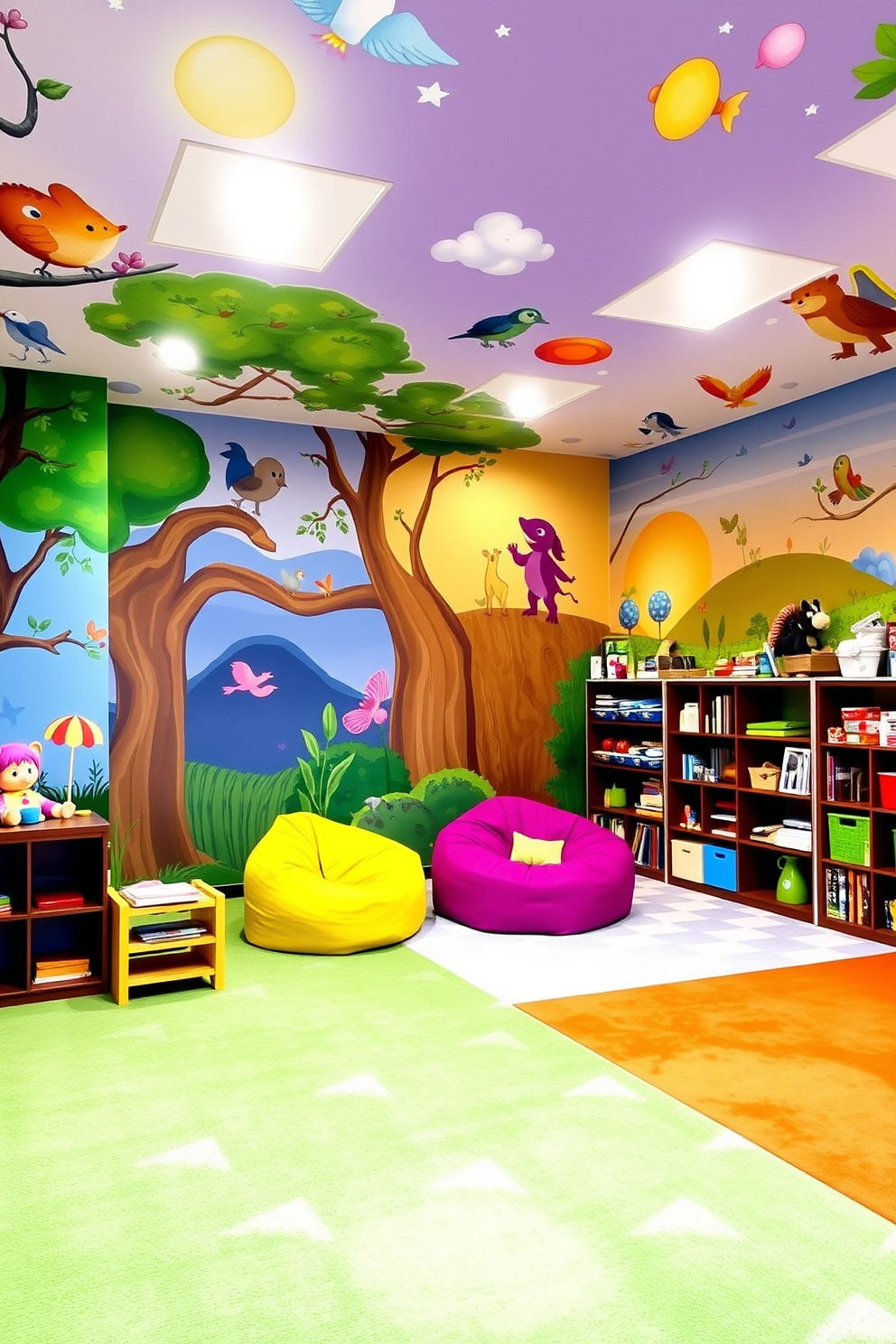 A vibrant children's playroom filled with colorful wall murals that inspire imaginative play. The walls are adorned with whimsical designs featuring animals, nature, and fantasy themes, creating a magical environment for kids to explore. The room includes a soft, plush carpet in bright colors that complements the murals and provides a comfortable play area. Various play zones are organized with bean bags, a small reading nook, and shelves filled with toys and books to encourage creativity and learning.