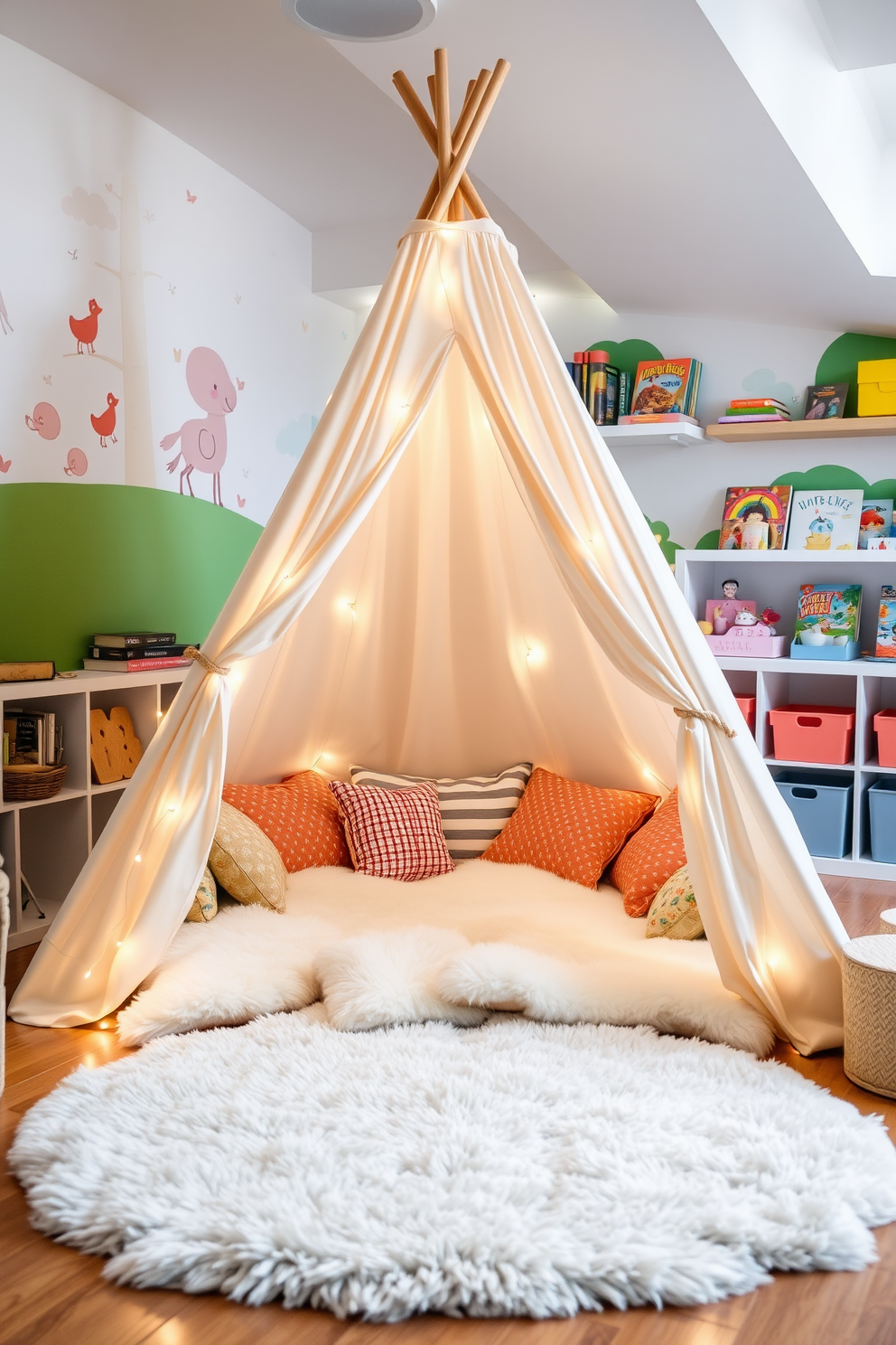 A whimsical tent or teepee is set up in a bright and airy children's playroom. The interior features soft cushions and colorful blankets, creating a cozy retreat for imaginative play. The walls are adorned with playful murals and shelves filled with books and toys. A plush rug anchors the space, while string lights add a warm glow for a magical atmosphere.