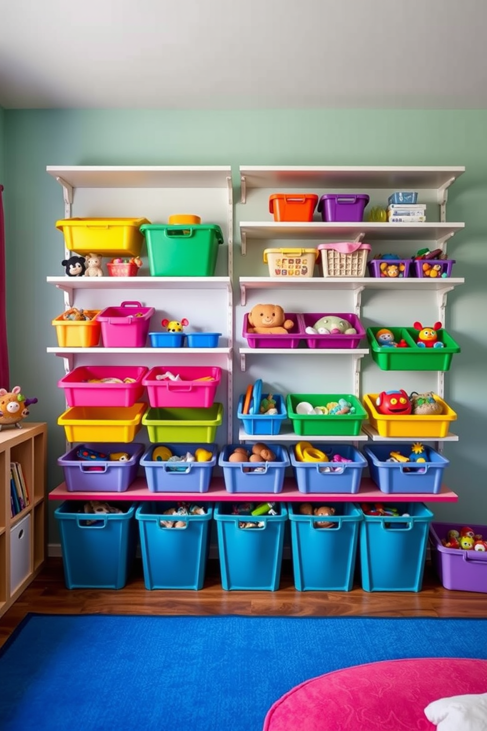 A vibrant children's playroom featuring wall-mounted toy storage designed for space-saving. The shelves are filled with colorful bins and baskets, making it easy for kids to access and organize their toys.