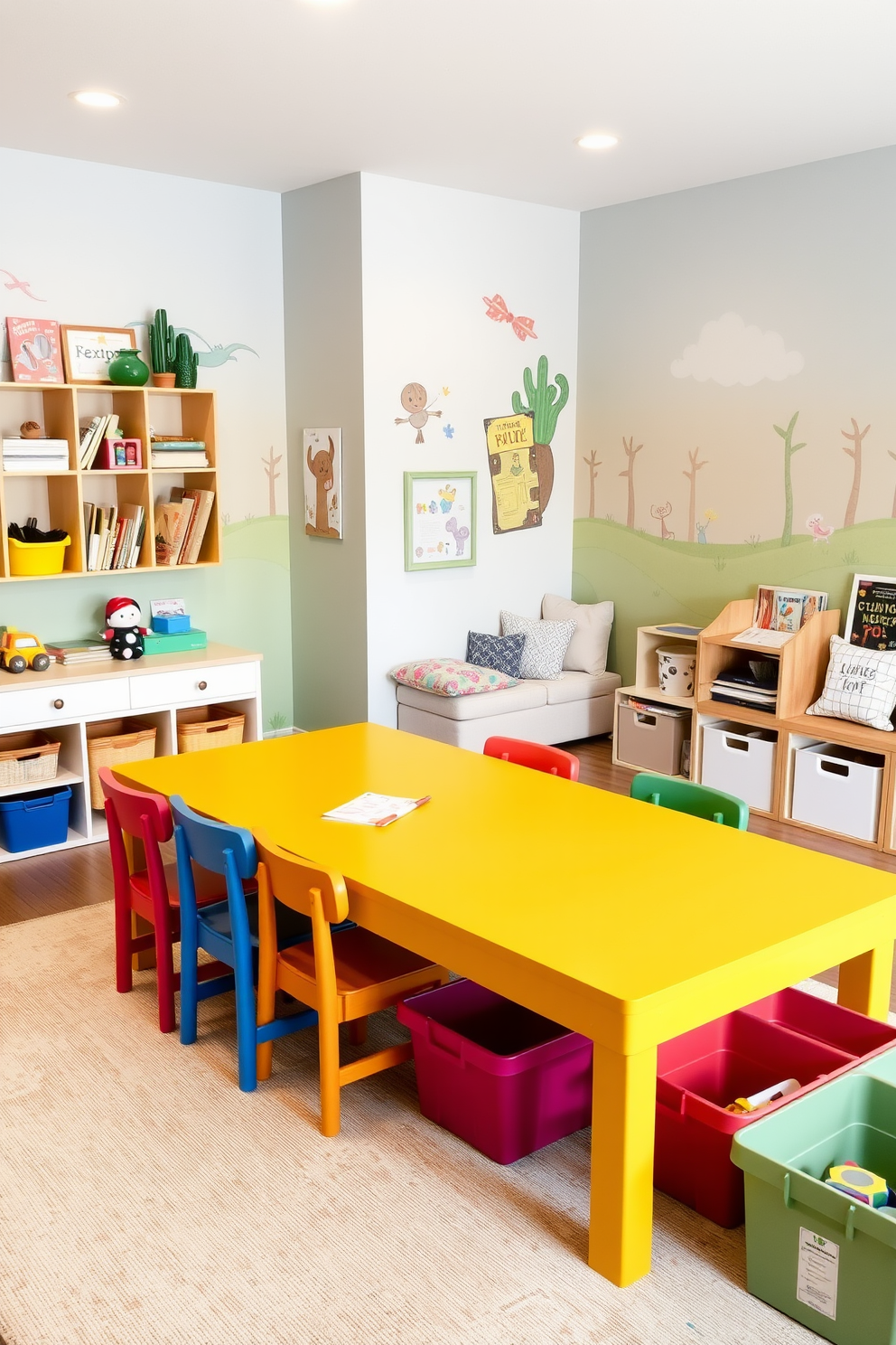 A craft table designed for a children's playroom features smooth, easy-to-clean surfaces in a bright, cheerful color. Surrounding the table are colorful, child-sized chairs, and the walls are adorned with playful murals and storage solutions for art supplies. The playroom includes a cozy reading nook with soft cushions and a small bookshelf filled with children's books. A large area rug provides a comfortable space for kids to play, and there are ample bins for organizing toys and craft materials.