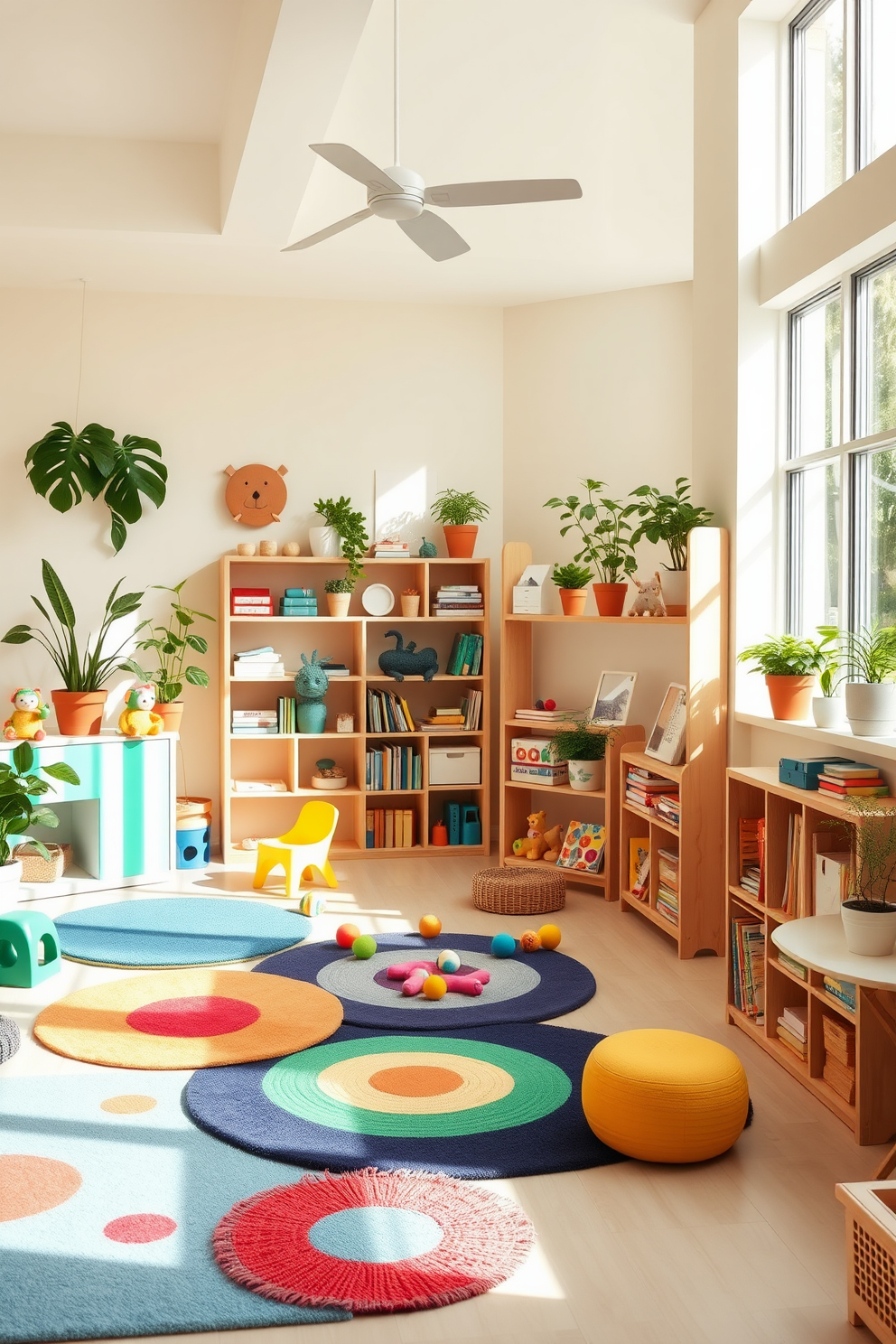 A bright and cheerful children's playroom filled with nature-inspired decor. The walls are painted in soft pastel colors, and large windows let in plenty of natural light, creating a warm and inviting atmosphere. Colorful rugs are scattered across the floor, providing a soft play area, while wooden shelves hold an array of toys and books. Potted plants are placed in each corner, adding a touch of greenery and promoting a connection to nature.