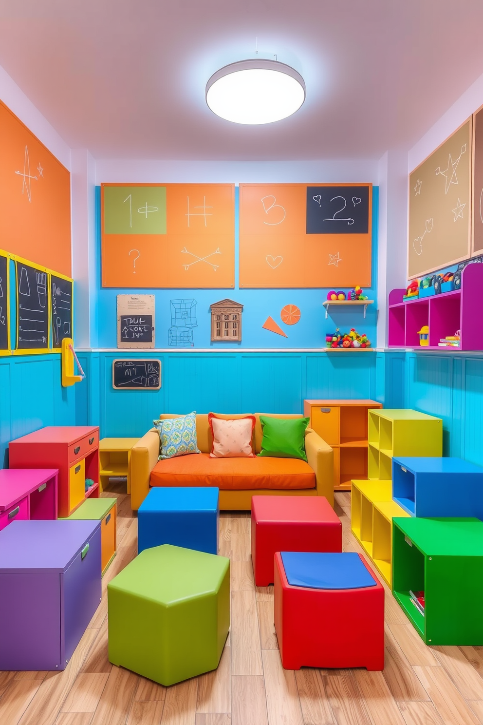 A vibrant children's playroom filled with multi-functional furniture. A colorful modular sofa that can be rearranged easily sits in the center, surrounded by a variety of storage units that double as seating. The walls are painted in cheerful pastel colors, creating an inviting atmosphere. Interactive wall panels with chalkboard surfaces and shelves for toys encourage creativity and play.